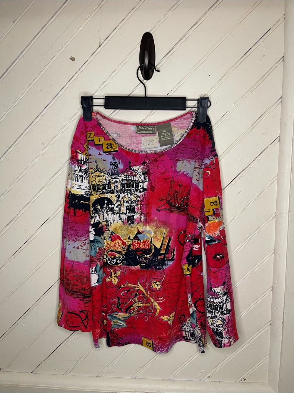 Vintage Jane Ashley Pink Long-Sleeve Graphic Print Top
